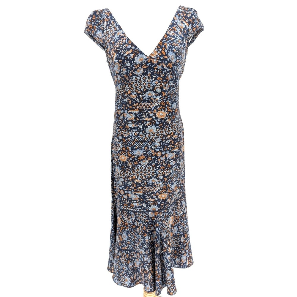 VTG Eddie Bauer Navy Silk Floral V Neck Midi Dress 4 Boho Cottage Artsy Feminine